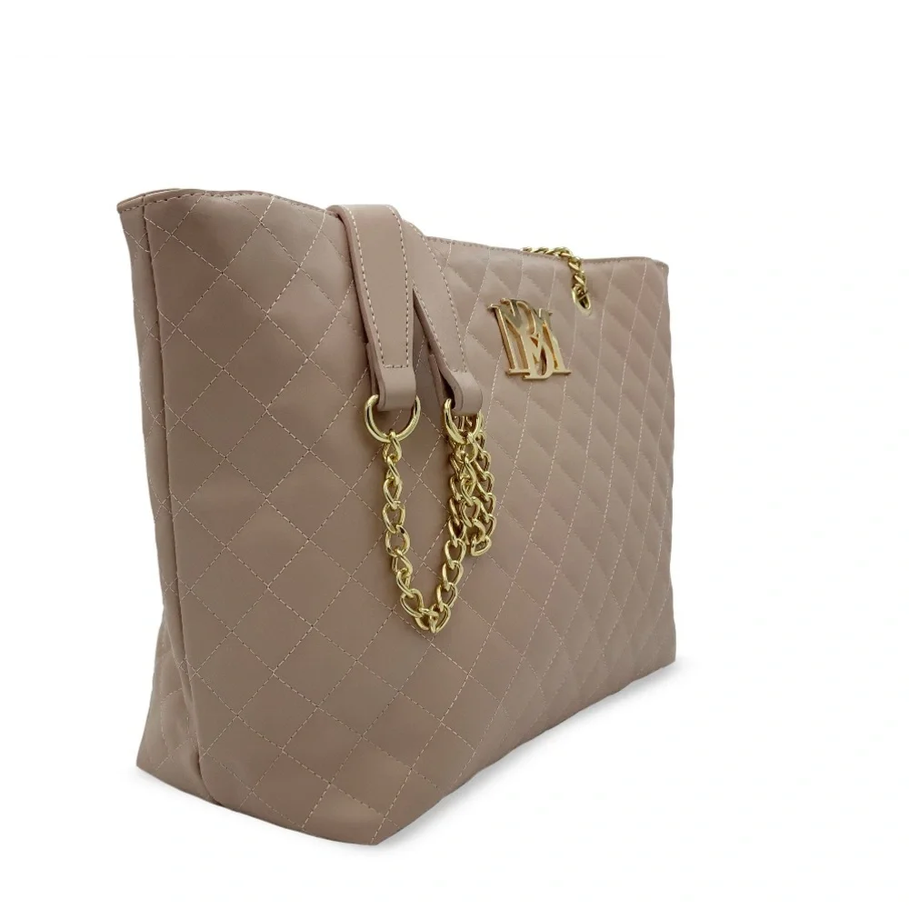 Badgley Mischka Tan Gold Quilted Tote with Chain Strap